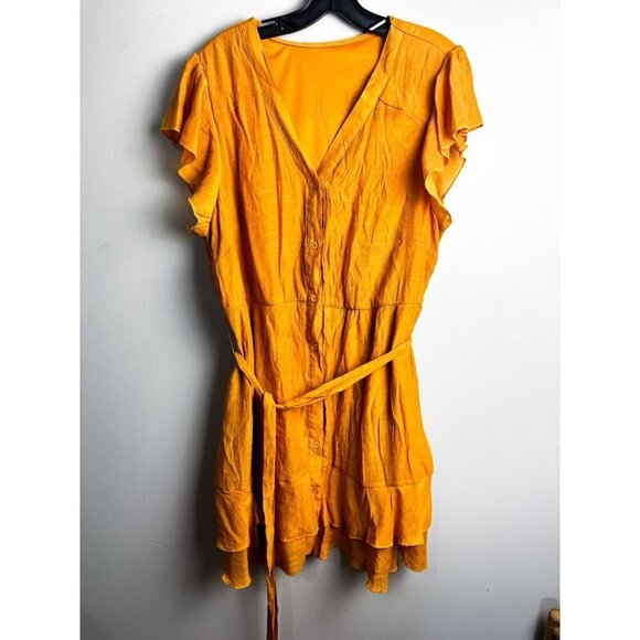 J Gee Dresses & Skirts - J Gee Yellow Button Front Ruffle Tie Waist Mini Dress Womens Large